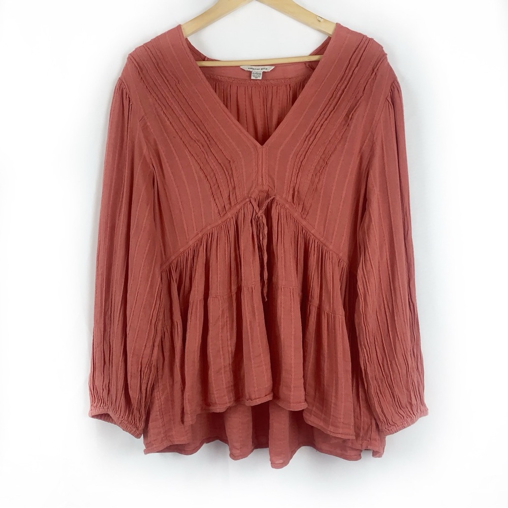 American Eagle Boho Gauzy Babydoll Peasant Blouse Terra Cotta